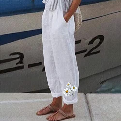 Calças de linho xinshide para mulheres calças largas de girassol casual com bolsos deslizantes Cantura alta Fit Fit Beach Capri Troushers