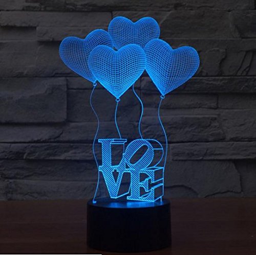 JCARE 3D Visual Four Love Heart LED Bulbo Ilusão óptica Lâmpada colorida de mesa LED Touch Holida de férias