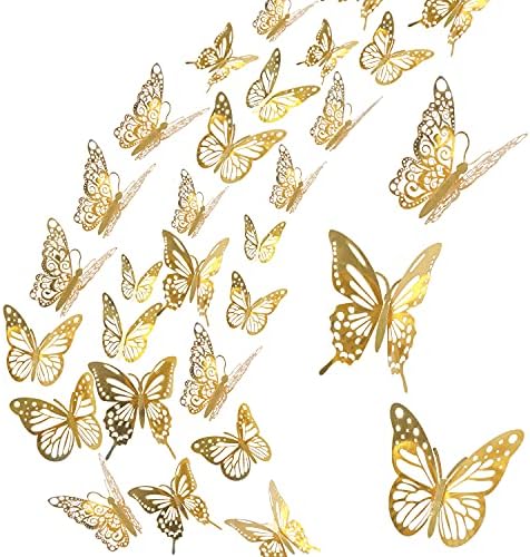 Decor de parede de borboleta de diyasy, 36 PCs Gold 3D Butterfly adesivos de adesivos para quarto, quarto, casamento e decoração de berçário