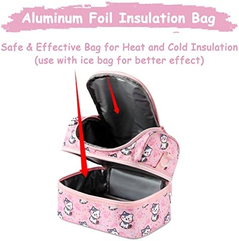 Bolsa de lancheira Kasqo para meninas, Mini Mini Cooler Bag Kids almoço com compartimentos duplos, Pink Cat