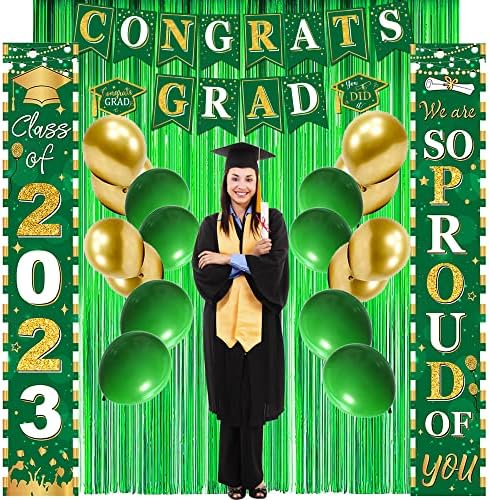 Decorações de festa de formatura 2023 Green e Gold Graduation Porch Sign Class de 2023 e estamos orgulhosos