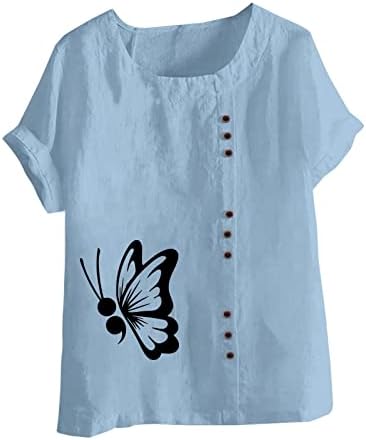 Tampas de linho de algodão plus size para mulheres vintage Butterfly Button Camisa de túnica de verão