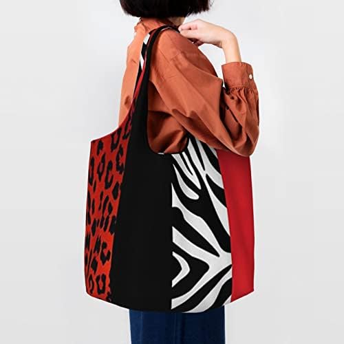 Psvod Red Leopard e Zebra Animal Tote Bag, bolsa de lona de lona reutilizável para o ombro para armazenamento de viagens de compras