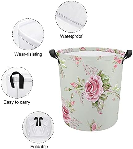 Saco de lavanderia de rosas aquarela com alças cestas de armazenamento à prova d'água em redonda dobrável