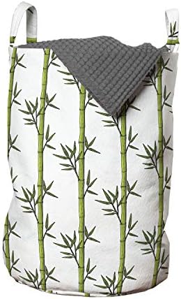 Bolsa de lavanderia verde oriental de Ambesonne, ilustração repetida de hastes de bambu japonesa botânica em cenário simples, cesto de cesto com alças de tração de traço para lavanderias, 13 x 19, branco