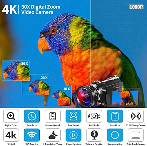 Câmera de vídeo em 4K Câmeras de câmera 30MP Ultra HD Câmera de Visão de Visão Noturna Infravermelha