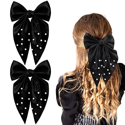 2pcs Pearl Setin Hair Bows Para meninas, clipe de cabelo de 6,5 polegadas de cabelos longos clipes de arco