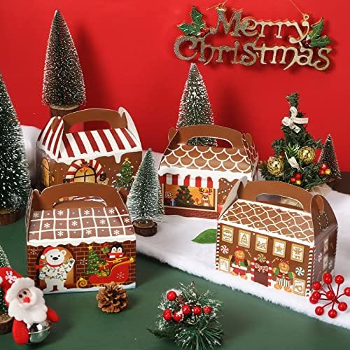 Yahenda 48 peças Caixas de tratamento de Natal 3D Gingerbread House Cardboard Biscoito Goody Gable Candy Sacos com alças caixas de presente de papel de Natal para festas de Natal de férias Supples, 6 x 3,5 x 3,5 polegadas