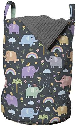 Bolsa de lavanderia de elefante de Ambesonne, desenho animado engraçado dos animais com nuvens de arco -íris