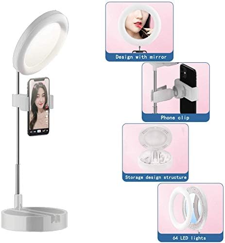 Modos de cores portáteis 3 10 brilho USB 64 LED 6.5 Selfie de maquiagem Selfie Light com suporte de celular e suporte, lâmpada de mesa com espelho para vídeo/transmissão ao vivo/maquiagem/fotografia