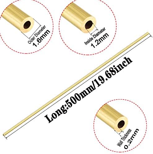 Tubos redondos de latão de cobre de metal Goonsds, diâmetro externo de 1,6 mm, diheto interno 1,2 mm, espessura da parede 0,2 mm, comprimento: 50cm/19,68 polegadas 6pcs