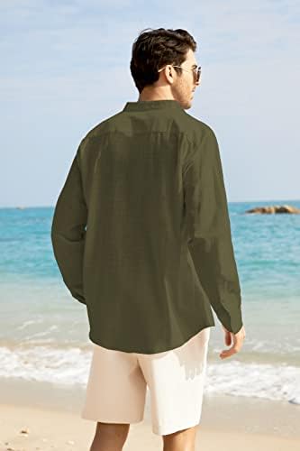 Coofandy Men's Long Manga de linho de algodão Camisa de praia Button Down Down Button Casual Up Shirt