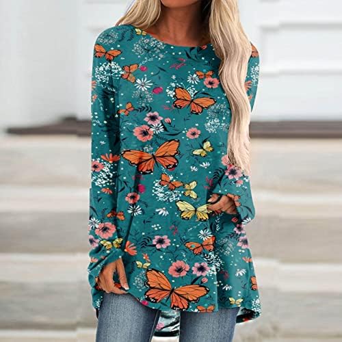 Teen Girl Casual Top Slave Longa Blouses T Camisetas Crewneck Gradient Butterfly Print Floral Fall Summer Top 2023 O6