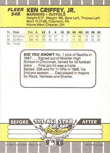 1989 Fleer Baseball #548 Ken Griffey Jr. Cartão Rookie