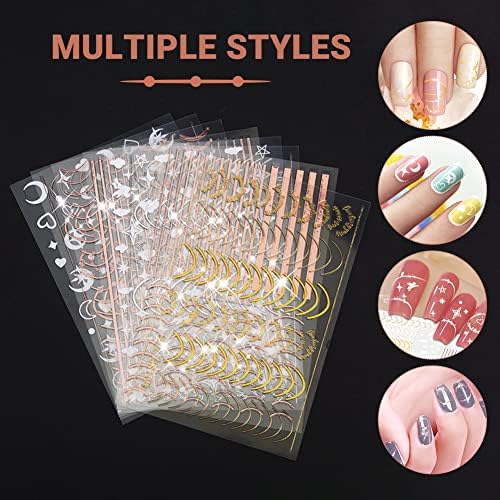 8 lençóis linhas de unha adesivos de arte, adesivos de unhas douradas 3D Decalques de unhas auto-adesivas incluem
