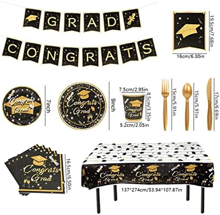 EAARLIYAM 194PCS Black and Gold Party Supplies - Graduação Party Tabelware 2023 Paper Cup Placa Placa