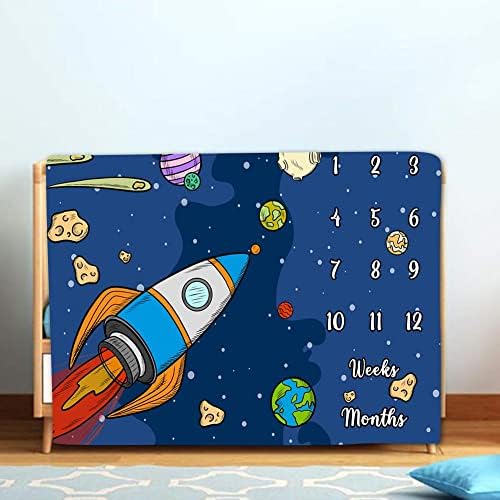 Cobertor de idade do bebê Lylycty, azul bebê marco cobertor espacial star foguete astronauta gráfico de crescimento