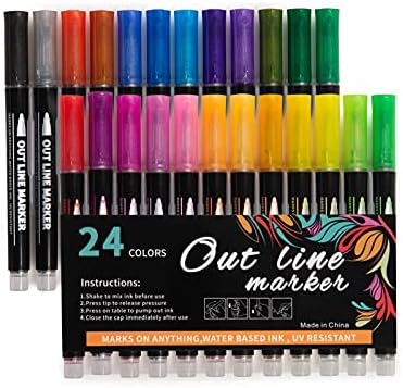 Glbum Shimmer Marker Set-24 Colors Fordlines, marcadores de contorno super squiggles, canetas de contorno de linha dupla para arte, desenho, criação