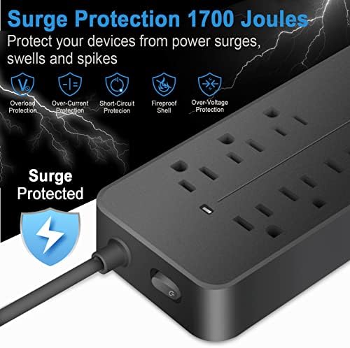 Surge Protector Power Strip, 8 pontos de venda com 4 portas USB, plugue plano de baixo perfil, cordão de extensão