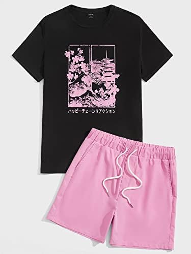 Roupas de duas peças para homens letras japonesas e camiseta floral e shorts de cintura