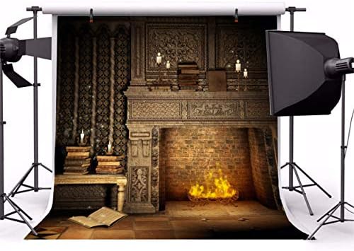 LaeAcco Fantasy Room Interior cenário de 10x10ft fotografia de vinil Antecedentes chama e lareira Livros mágicos