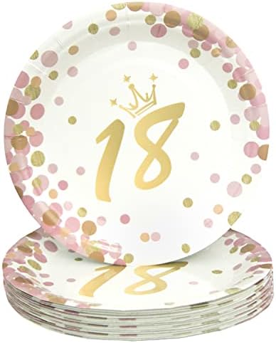 Pandecor 50 peças 18th Birthday Party descartável 7 polegadas placas de papel, pratos de sobremesa para meninas festa de aniversário de 18 anos