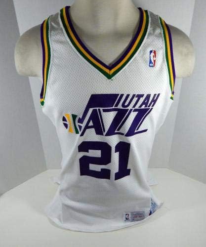 1992-93 Utah Jazz David Benoit 21 Jogo usou White Jersey Ano de estreia DP06144 - jogo da NBA usado