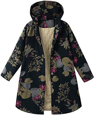 Andongnywell Ladies Warm Outwear Floral Print com capuz casacos vintage de manga longa para fora