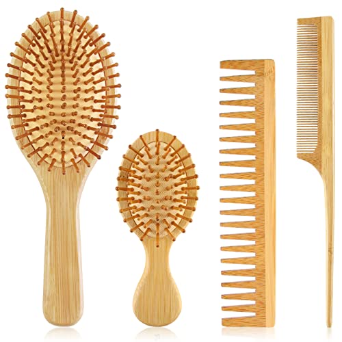 Ekonaer 4 PCs escova de cabelo de bambu com pente natural de madeira largo e cauda grande e mini pára