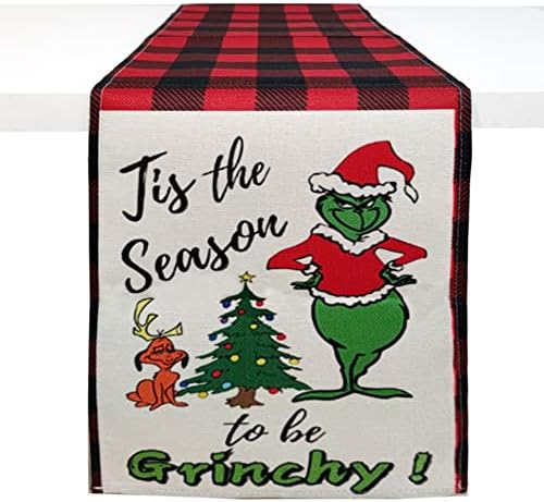 Sharkbliss Christmas é a estação para ser Grinchy Table Runner, Red e Black Buffalo Plaid Grinch Christmas Winter