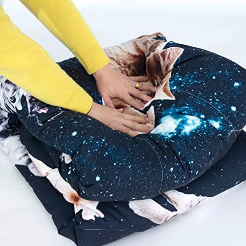 Galaxy Cats Consolador Conjunto de roupas de cama de crianças 3D para meninos meninos crianças preto azul de gatinho fofo decoração de luxo de microfibra de microfibra Conjunto de colcha - inclui 1 edredom, 2 travesseiros