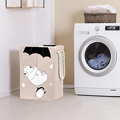 Cesto de lavanderia com alças de transporte fácil, urso branco e pequeno pinguim voando com guarda