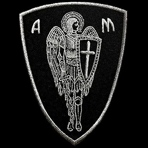 VEGASBEE Arcanjo St. Michael Saint Cross Sword Shield Christian Bordered Iron-on Patch Silver Metallic