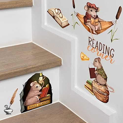 Mfault mouse lendo adesivos de decalques educacionais de parede de canto, 3D Funny Mouse Hole Read Books Decorações de berçário Arte do quarto da sala de aula, decoração inspiradora para crianças da biblioteca infantil da biblioteca da biblioteca