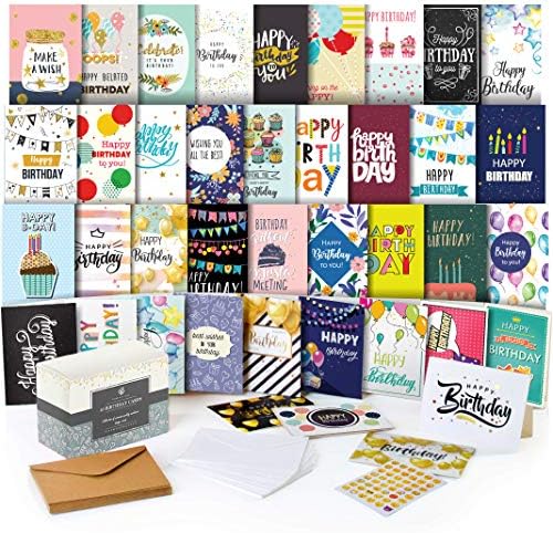 Vários de cartões de feliz aniversário - cartões Bday em massa - 5x7 Variety Box Settle 40 Pack Designs exclusivos