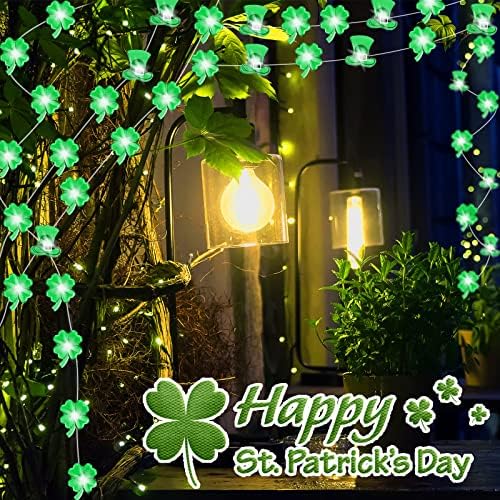 Luzes de cordas do dia de St. Patricks 60 LEDS 14,76 pés verdes shamrocks leprechaun top chat luzes luzes shamrock luzes de bateria operada por patricks luzes de fada com luzes de corda internas remotas