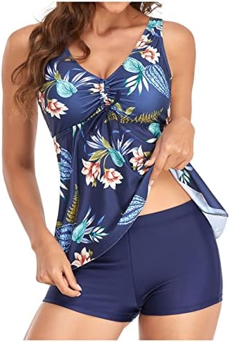 Conjunto de tanques modestos para mulheres, retro tropical boho impressão havaí floral praia de praia biquíni tops + shorts de menino