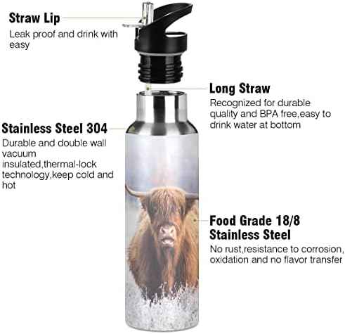 Garrafa de água de vaca de gado nas montanhas glápicas para crianças, garrafa de água de 32 oz com tampa de palha para viagens escolares isoladas de aço inoxidável