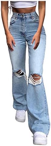 Calça de fundo de míshui jean sino para mulheres de tamanho mais de tamanho de jeans da cintura elástica da cintura de jeans High Hole Button Super