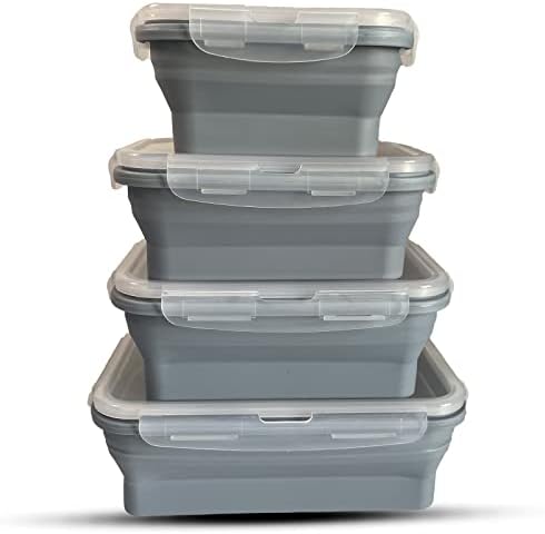Dodxoy Silicone recipientes de armazenamento de alimentos dobráveis, conjunto de 4 quadrados de almoço de silicone com tampa hermética, tigela de preparação/armazenamento Microondas e freezer e lavadora de louça segura