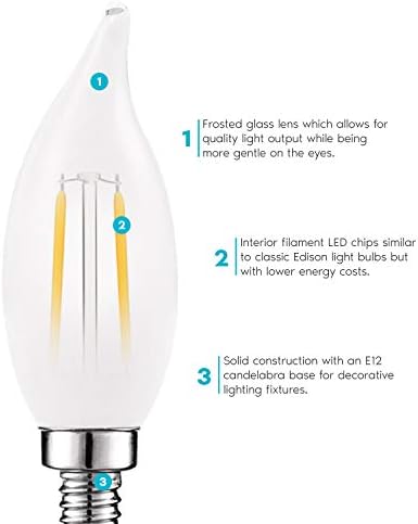 Lâmpadas de lustre de Luxrite LED, LED LED LED Dimmable, 40 watts equivalente, 2700k Branco quente, lâmpada de candelabra liderada com fosco, vidro de ponta de chama, 360 lúmens, UL listado
