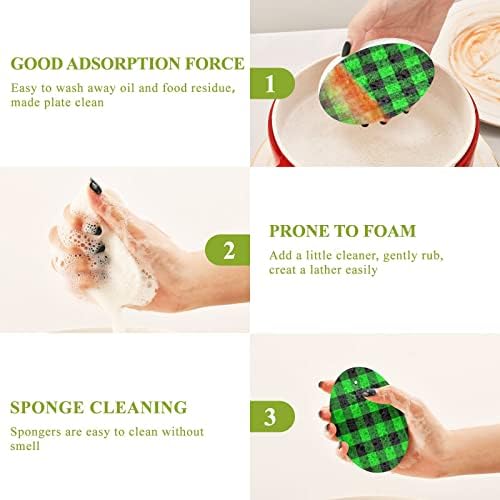 Xigua Green Grid Dish law Scrub Sponge 3 pacotes, esponjas de limpeza de algodão de polpa de madeira sem