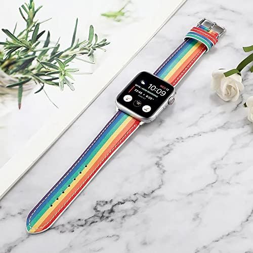Hualikiou Rainbow Leather compatível com Apple Watch Band 38mm 40mm 41mm 42mm 44mm 45mm 49mm LGBT MENS MENINAS,