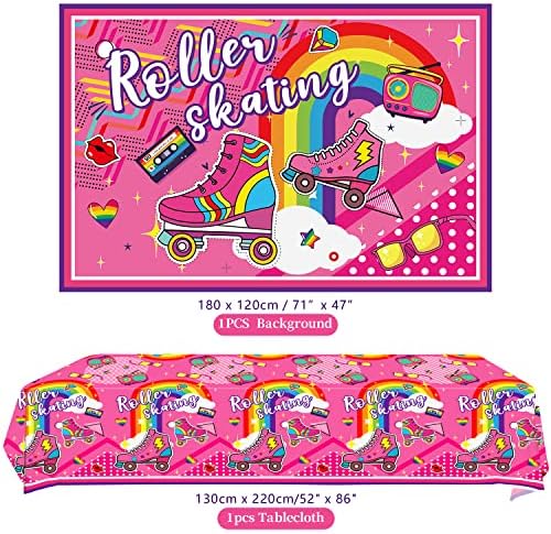 Roller Skating Party Supplies - Decorações de festas de aniversário de patins incluem cenário de patinação rolos, capela de bolo, pratos, xícaras, guardanapos, toalha de mesa, balão para garotas para crianças, serve 20