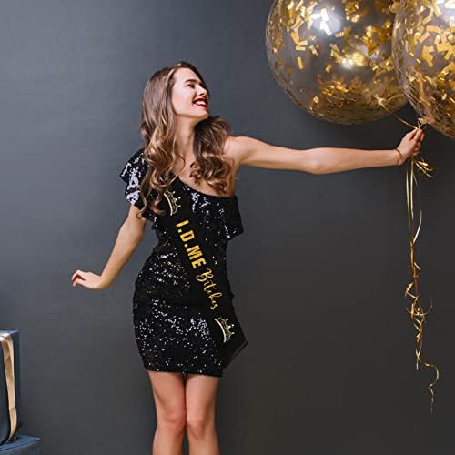 I.D.Me Bitches Sash, Black Sash com Gold Glitter - Cheers a 21º Aniversário Sash - Decorações de festas