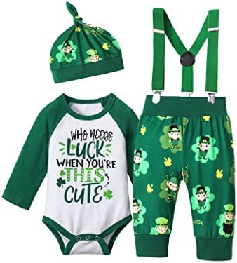 Queenstyle Baby Garoto St. Patrick Rodper Romper Green + Suspender Pants With Hat Recém-nascido