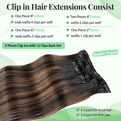 Clipe em extensões de cabelo cabelos humanos reais, 14 polegadas 70g 5pcs balayage preto natural a marrom clipe em extensões de cabelo longas extensões de cabelo reto longas