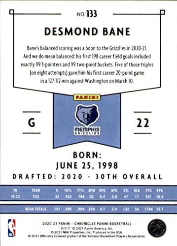 2020-21 Panini Chronicles 133 Desmond Bane RC novato Memphis Grizzlies NBA Basketball Trading Card