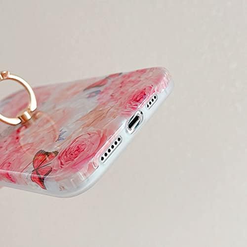 Qokey Compatível com iPhone 12 Pro máximo 6,7 polegadas 2020 Caixa de flores Design de moda fofa para homens Mulheres meninas com anel giratório de 360 ​​graus Kickstand TPU Soft Top à prova de choque Butterfly rosa floral