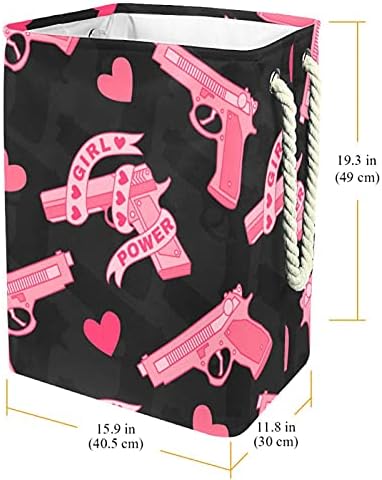 Pink Girl Power Gun Love Heart Laundry cesto com alças grandes cestas dobráveis ​​para lixeira, quarto de crianças, organizador de casa, armazenamento de pano, 19.3x11.8x15.9